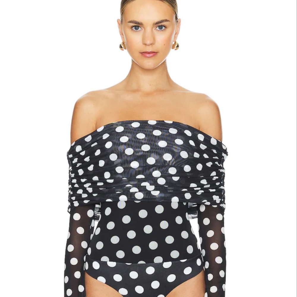 AFRM Black and White Polka Dot Off-Shoulder Bodysuit - Picture 2 of 3